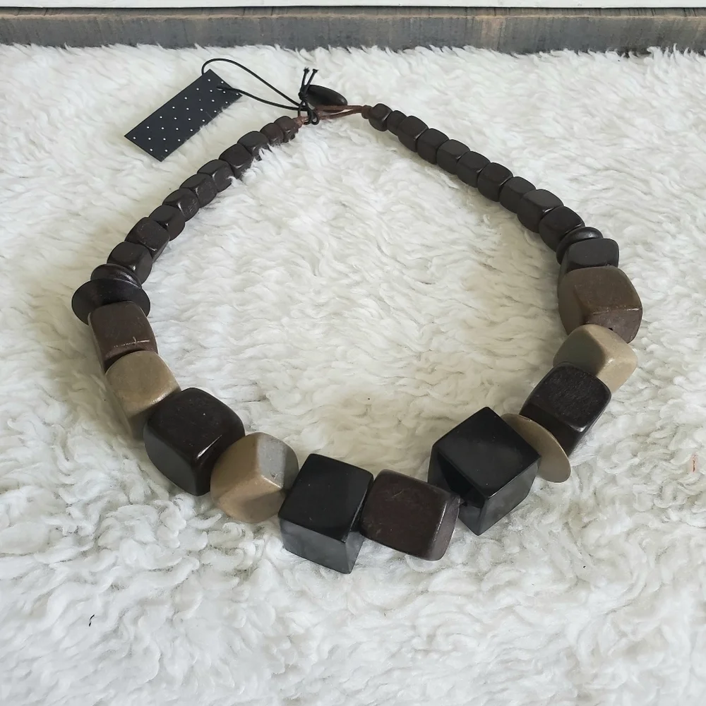 Wooden Beaded Brown Black Gray Necklace & Elastic Bracelet Matching Set NWT